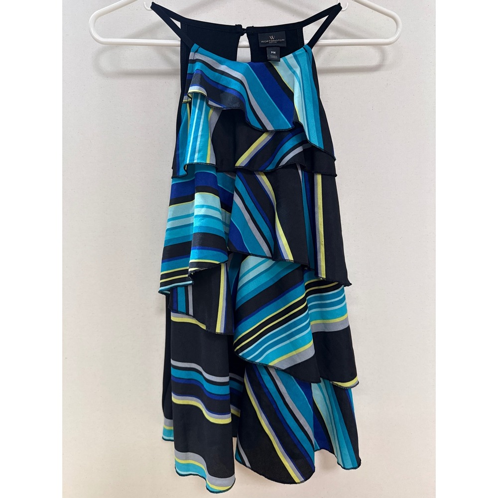 Worthington Petite Halter Top PM Blue Striped Tiered Ruffle Sleeveless Blouse